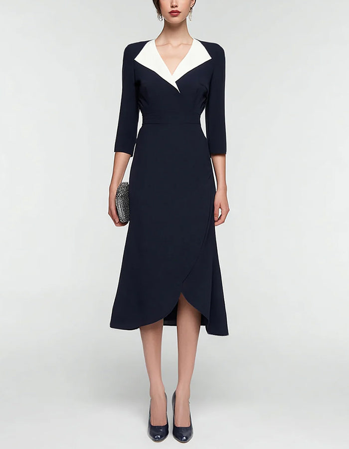 Black And White Patchwork Lapel Three-quarter Sleeve Work Midi Dress