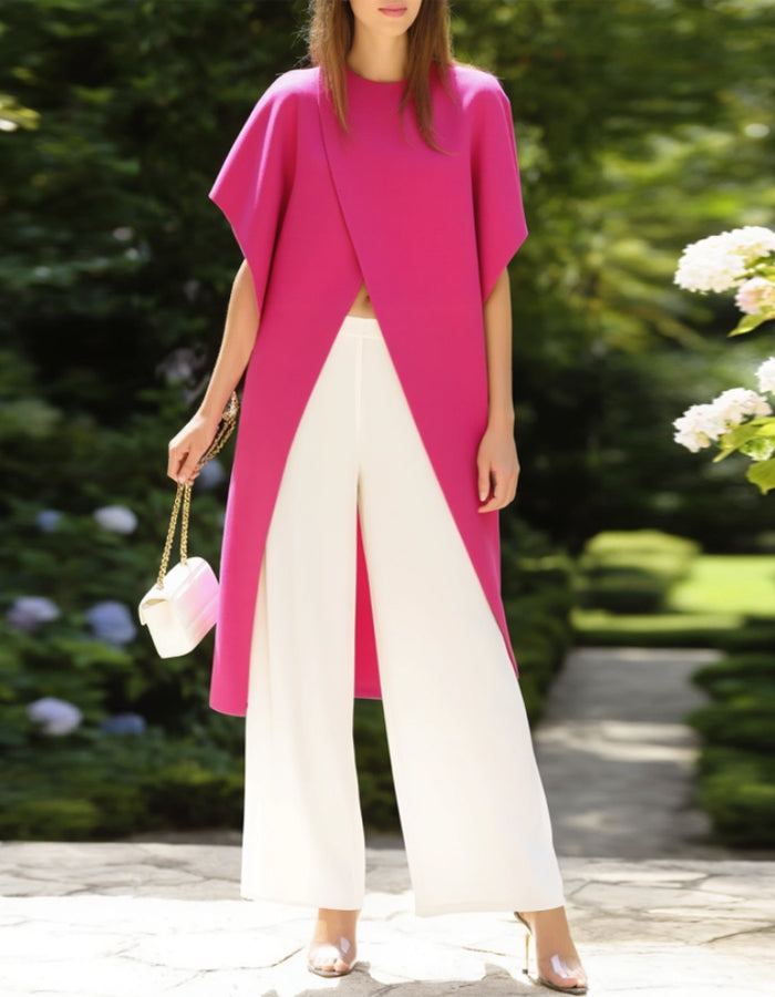 Rose Red Round Neck Wide Leg Pants 2-Piece Suit