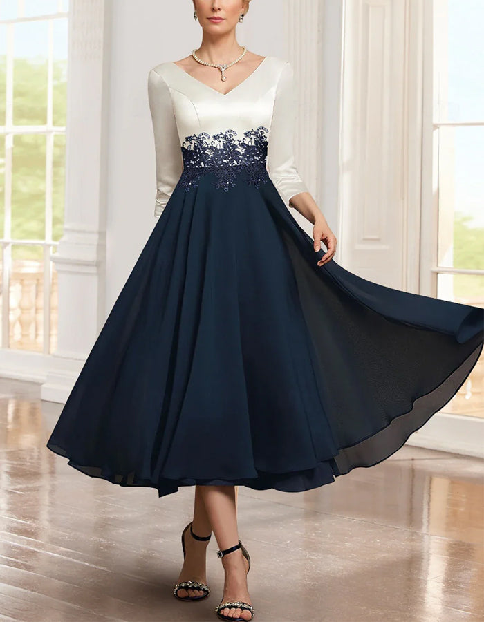 Vestido midi de chifón y satén con cuello de pico y bloques de color para la madre de la novia