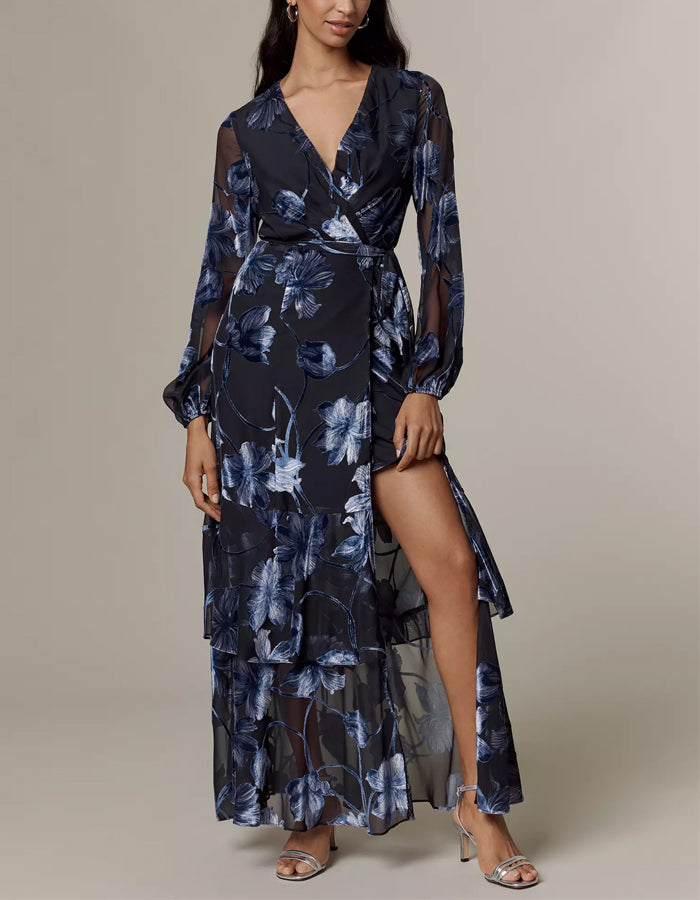 Dark Blue Chiffon Floral Long Sleeve V-neck Maxi Dress