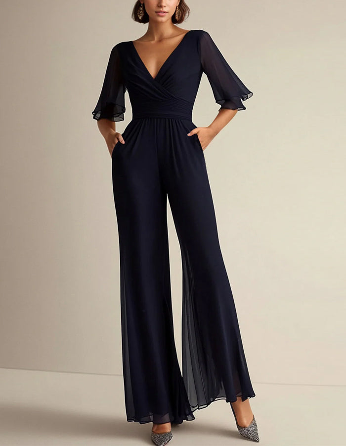 Dark Blue V-Neck Chiffon Short Sleeved Jumpsuit