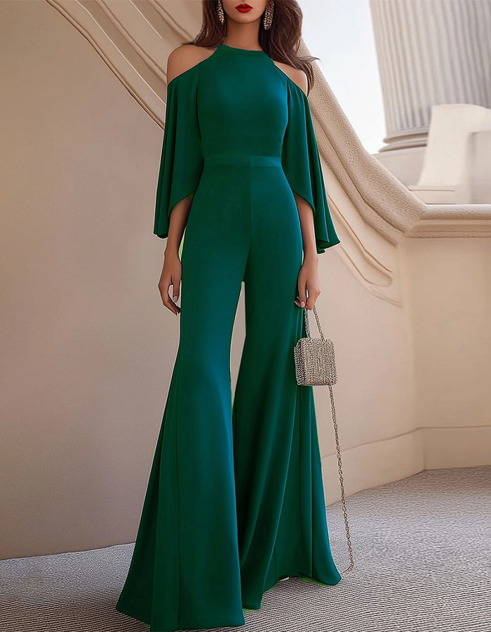 Green Off The Shoulder Flared Jumpsuit