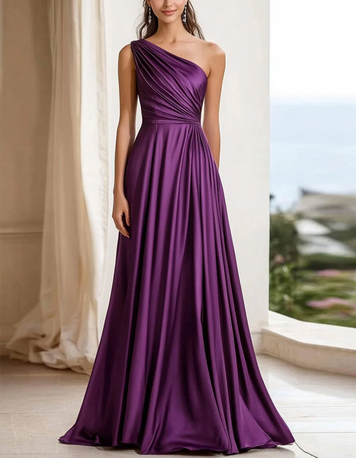 Purple One Shoulder Satin Maxi Dress