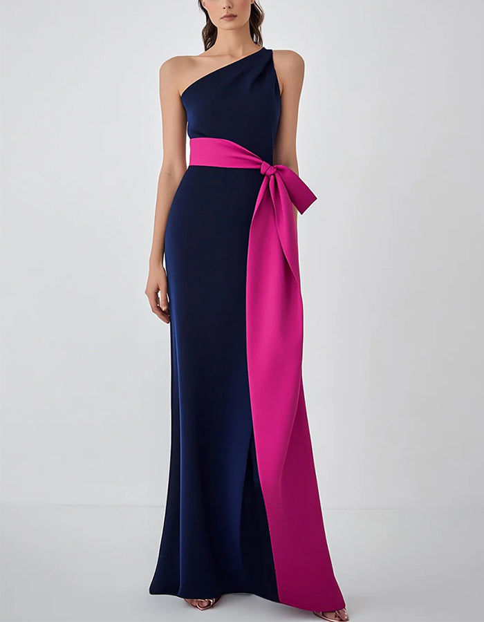 Navy And Pink One Shoulder Maxi Dress