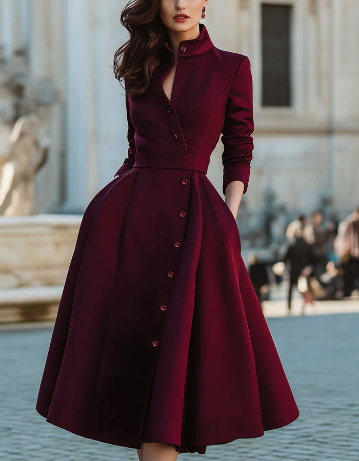 Red Stand-Up Collar Long Sleeved Midi Dress (With Belt)