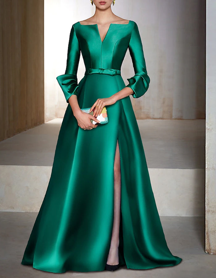 Vestido maxi de satén de cuello en V de manga larga de color liso