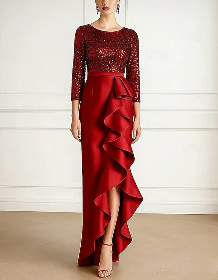 Solid Color Round Neck Satin Sequins Maxi Dress