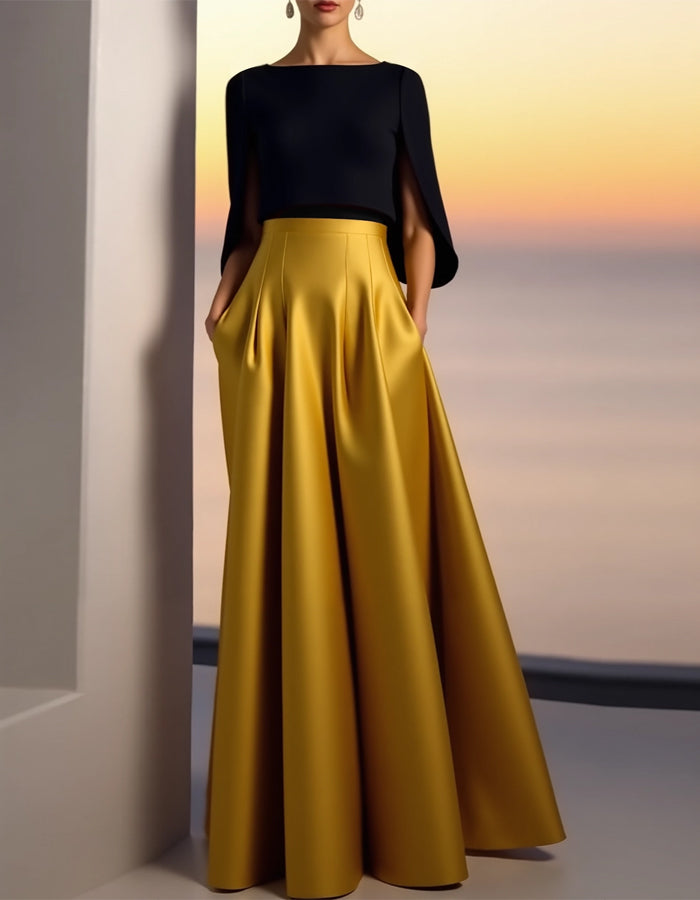 Gold Round Neck Satin Maxi Dress