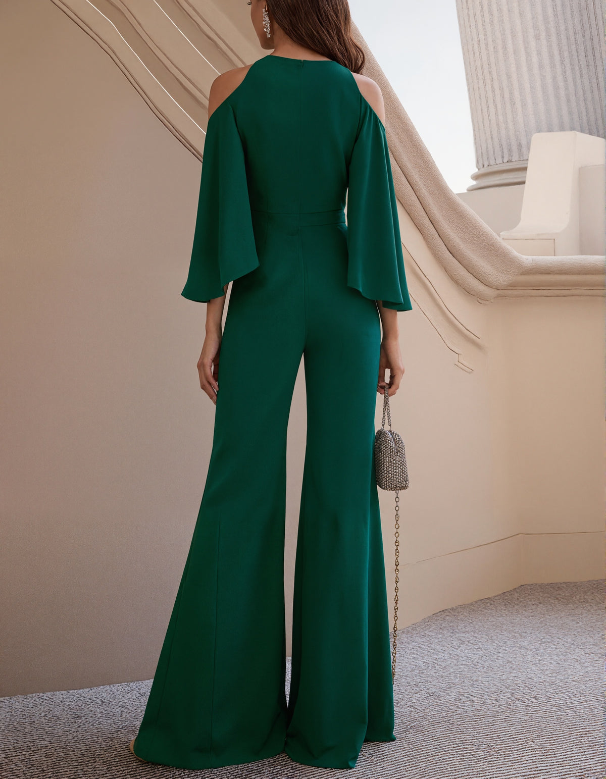Green Off The Shoulder Flared Jumpsuit