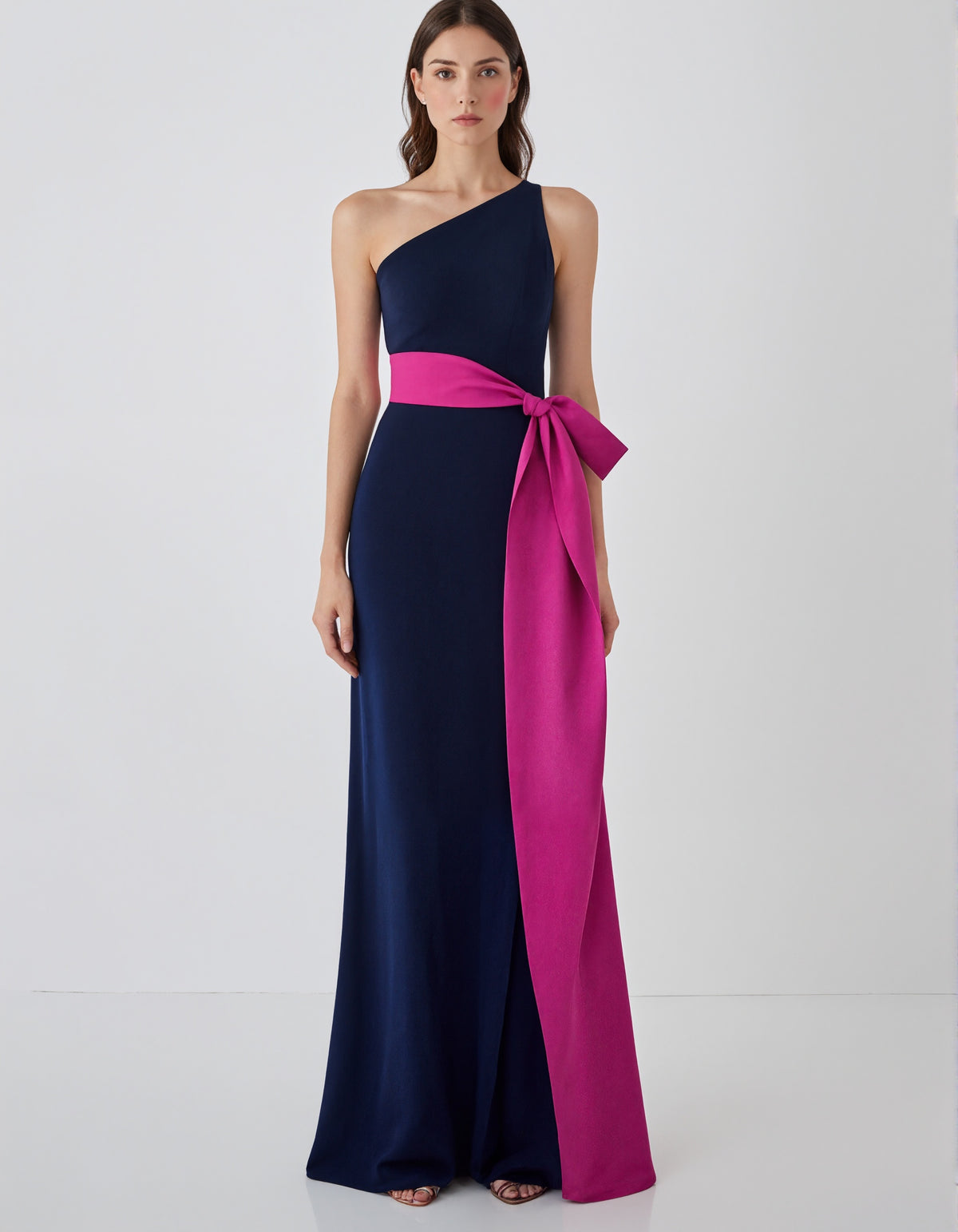 Navy And Pink One Shoulder Maxi Dress