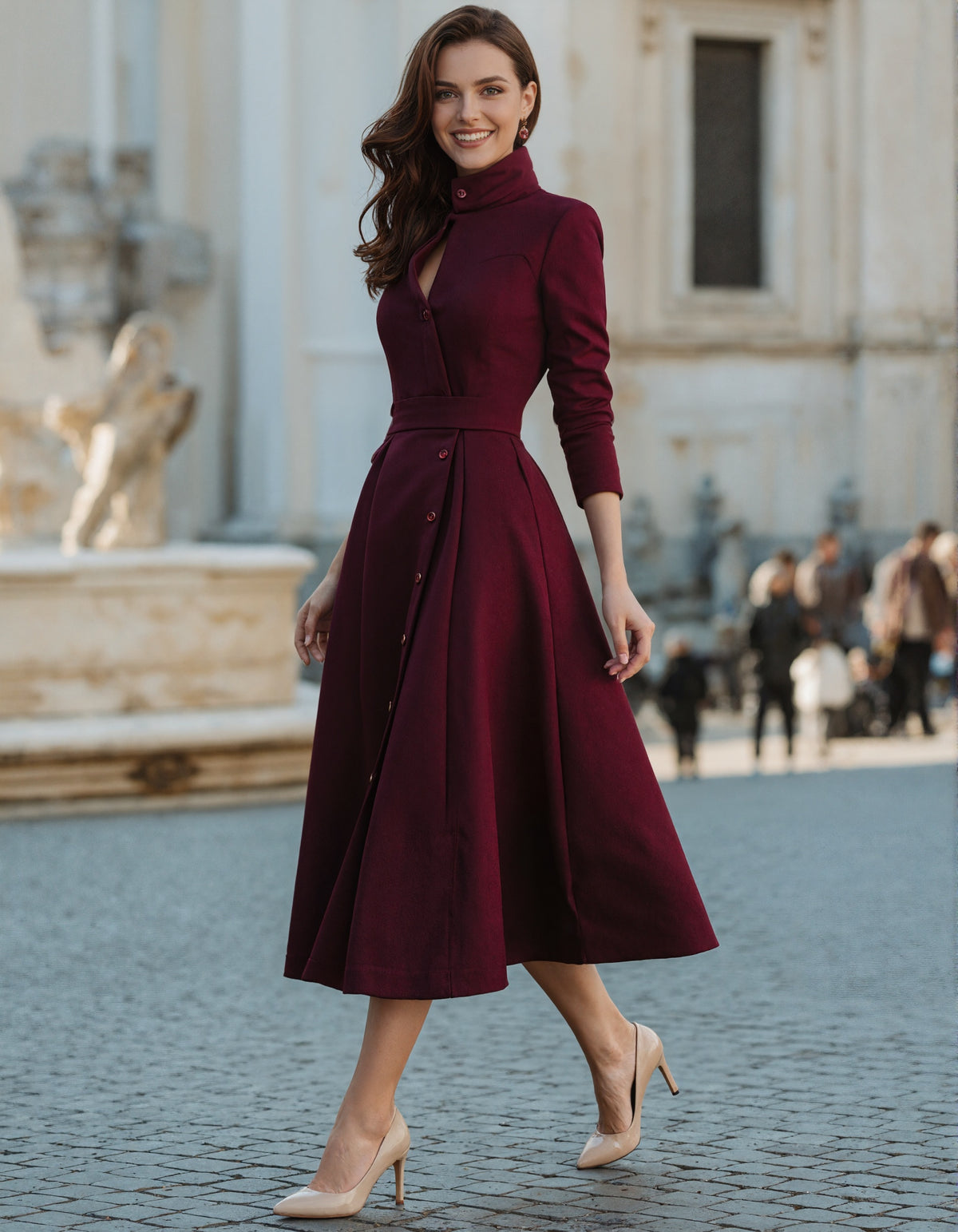 Vestido midi rojo de cuello alto con manga larga (con cinturón)