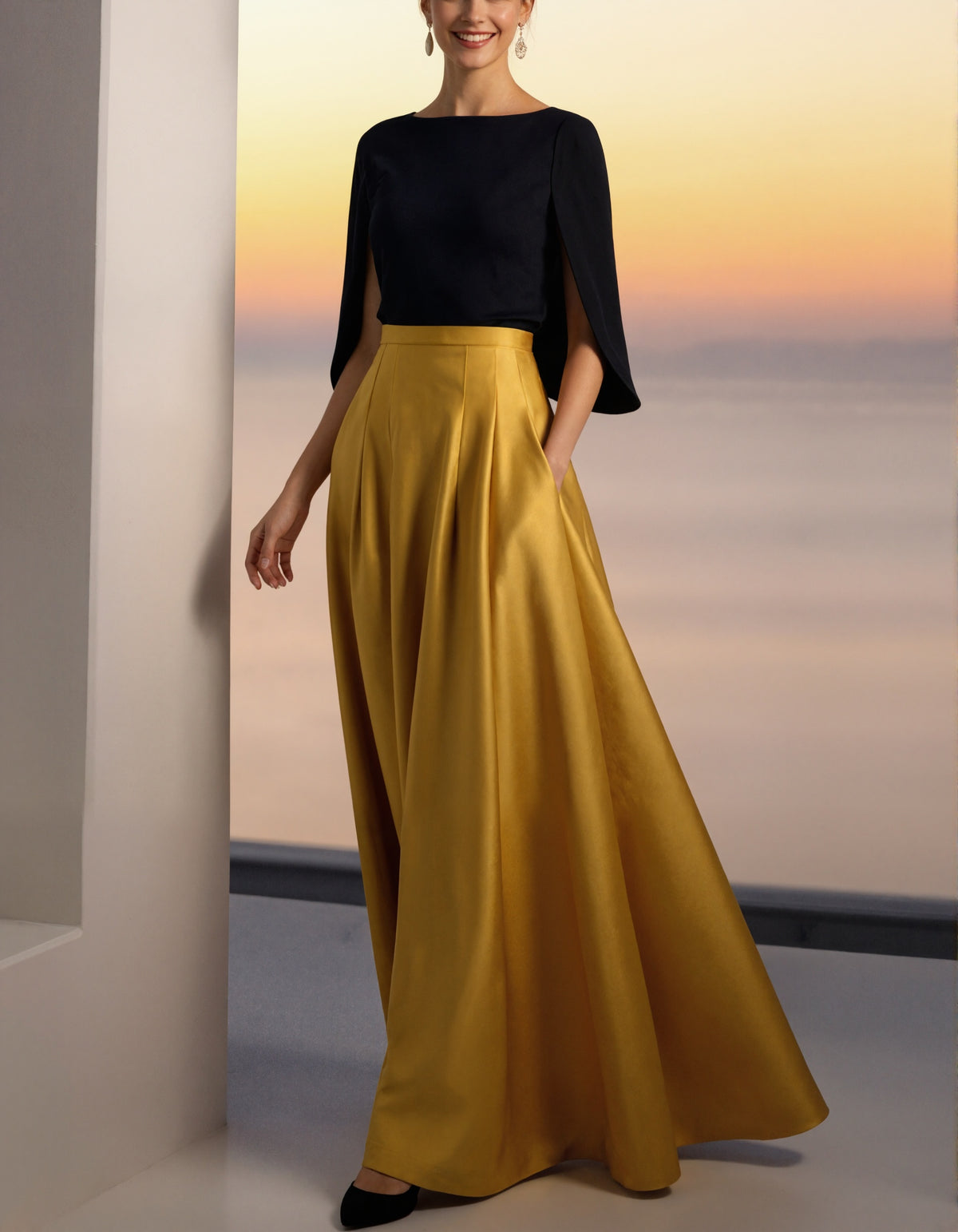 Gold Round Neck Satin Maxi Dress