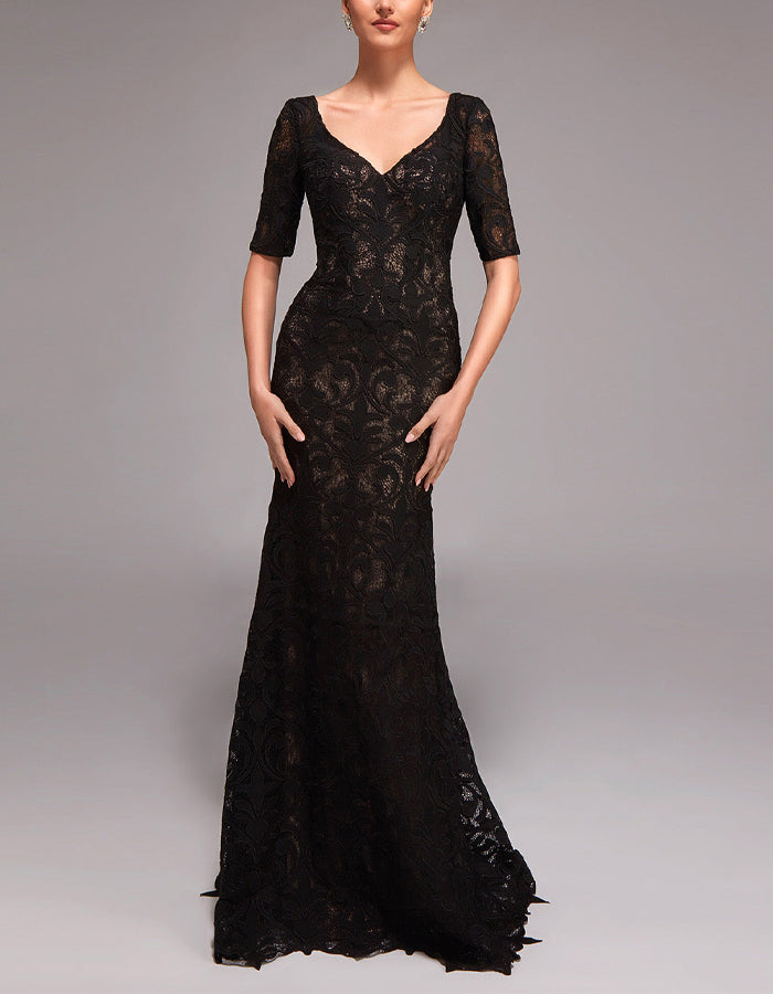 Black V-neck Lace Short Sleeved Maxi Dress