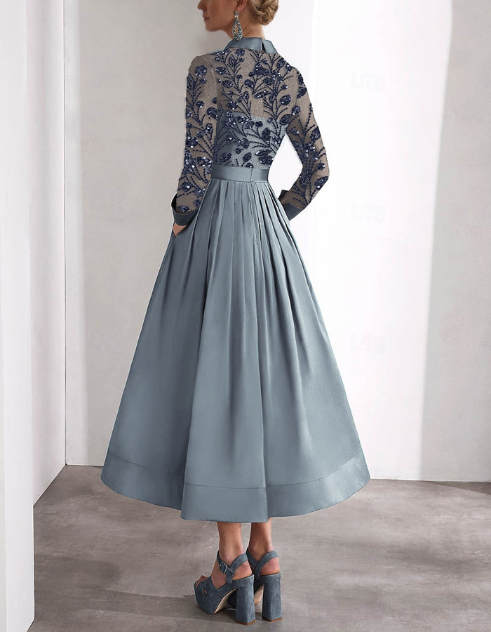 Embroidered Long-sleeved Shirt With Satin Collar Midi Dress