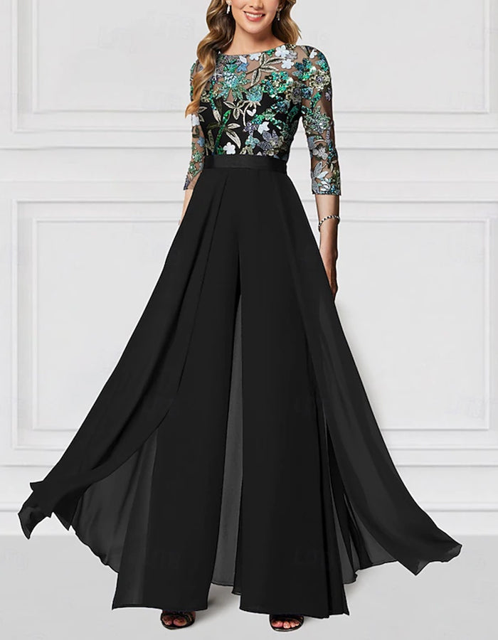 Floral Embroidered New Chiffon Half-Sleeve Sequined Jumpsuit