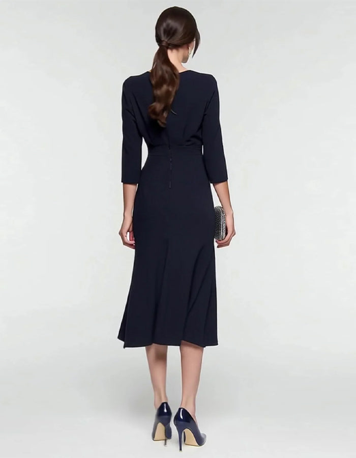 Black And White Patchwork Lapel Three-quarter Sleeve Work Midi Dress