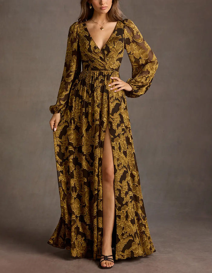 Brown V-neck Floral Long Sleeves Maxi Dress