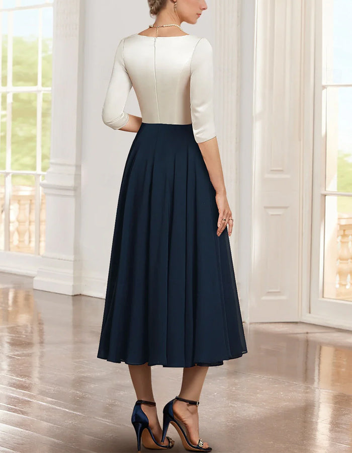 Colorblock V-neck Mother of the Bride Chiffon Satin Midi Dress