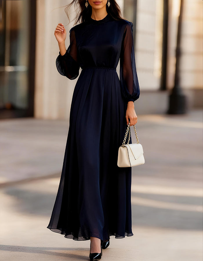 Navy Blue Chiffon Long Sleeves Maxi Dress