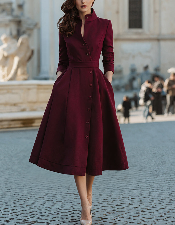 Red Stand-Up Collar Long Sleeved Midi Dress (With Belt)