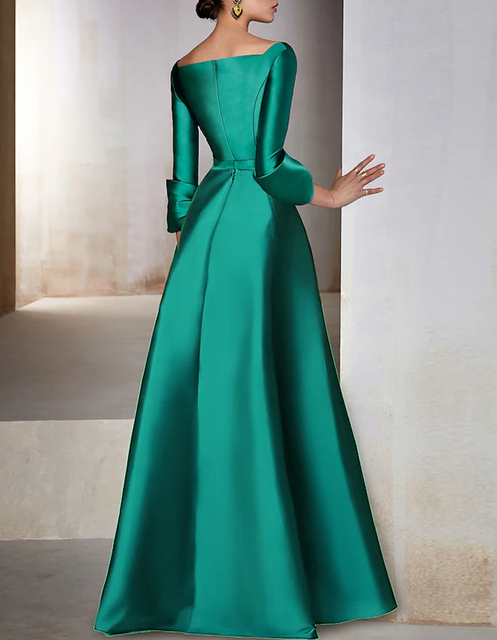 Solid Color Long Sleeved V-neck Satin Maxi Dress