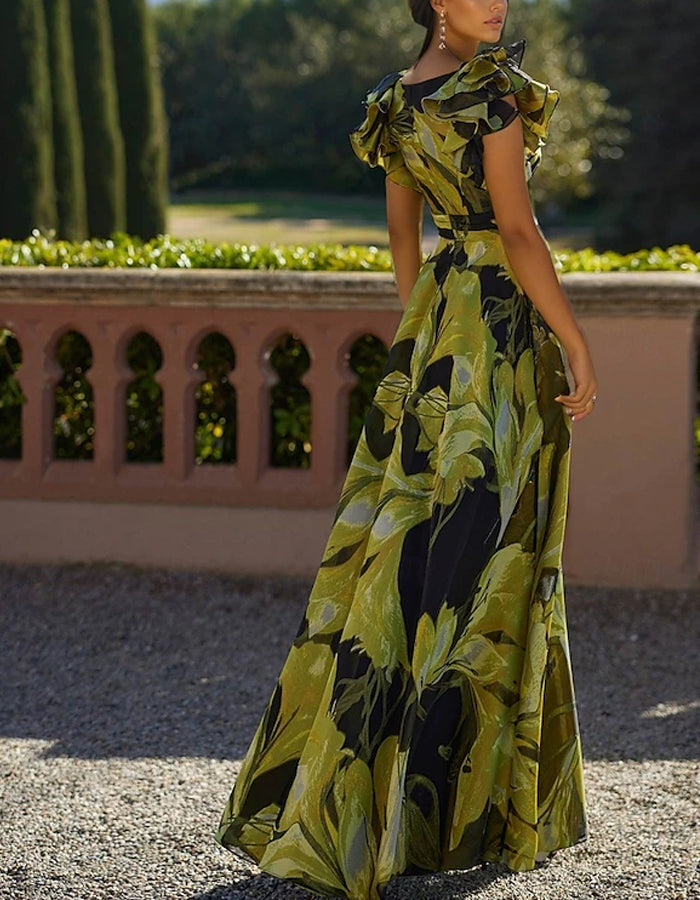Vestido maxi de corte A con cuello de pico y estampado floral