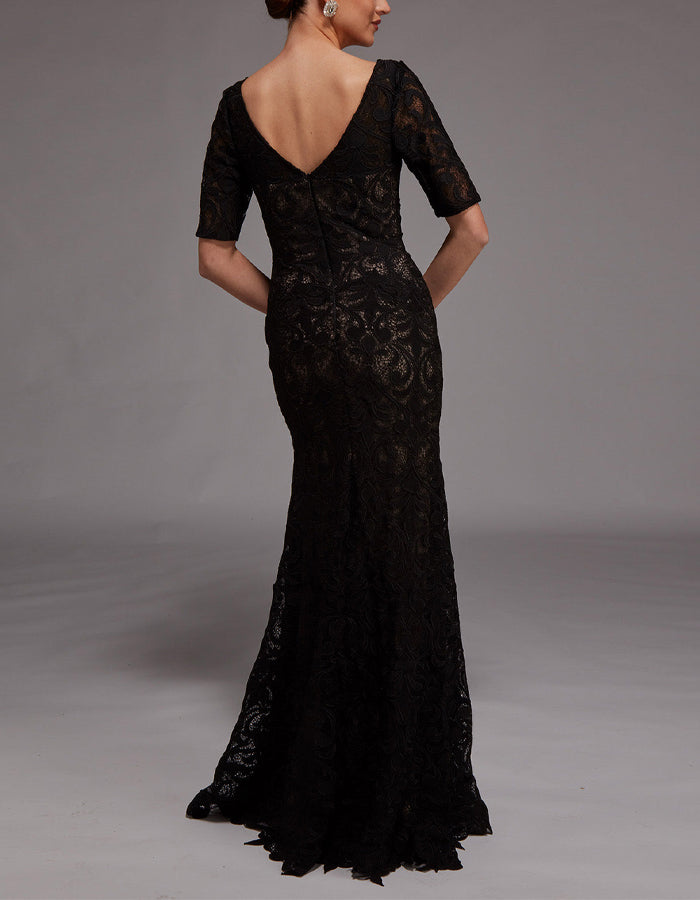 Black V-neck Lace Short Sleeved Maxi Dress