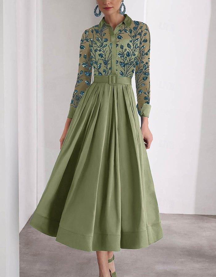 Embroidered Long-sleeved Shirt With Satin Collar Midi Dress