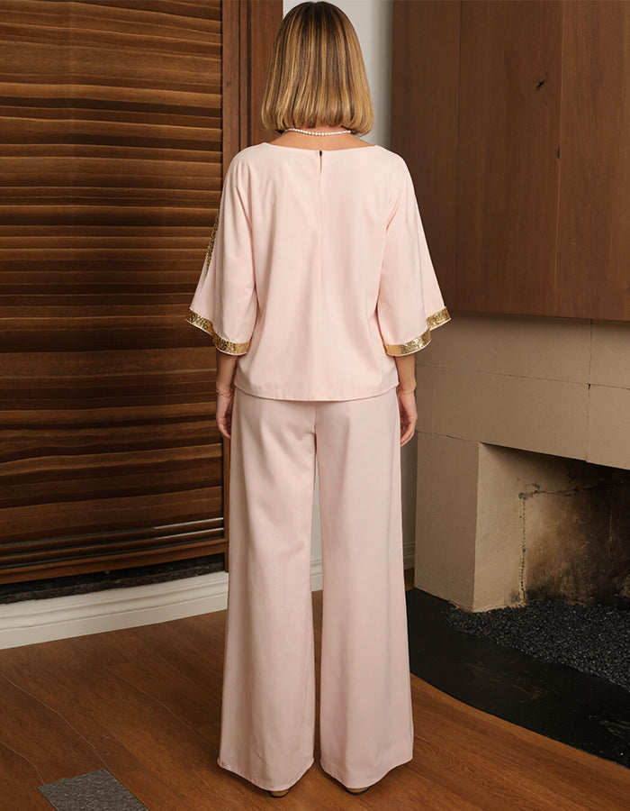 Light Pink V-neck Chiffon Top And Trousers 2-Piece Suit