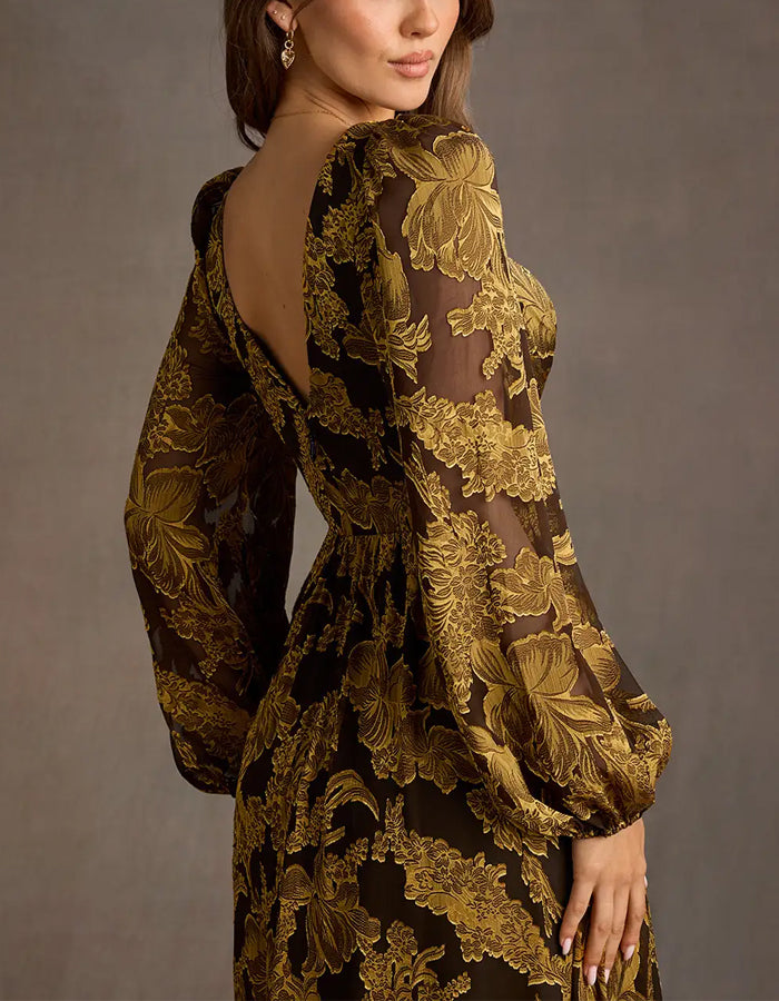 Brown V-neck Floral Long Sleeves Maxi Dress