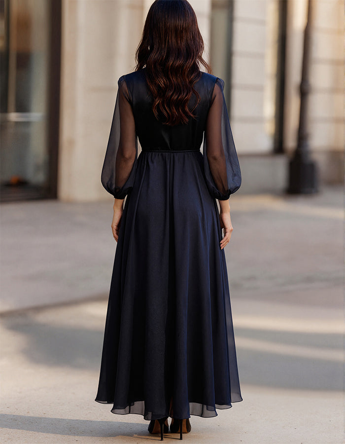 Navy Blue Chiffon Long Sleeves Maxi Dress