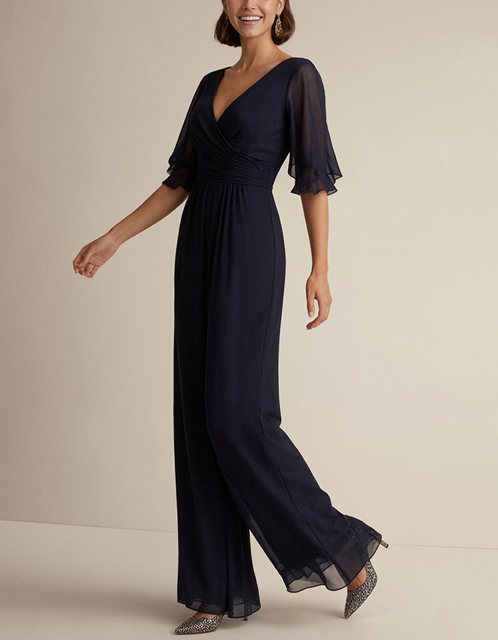 Dark Blue V-Neck Chiffon Short Sleeved Jumpsuit