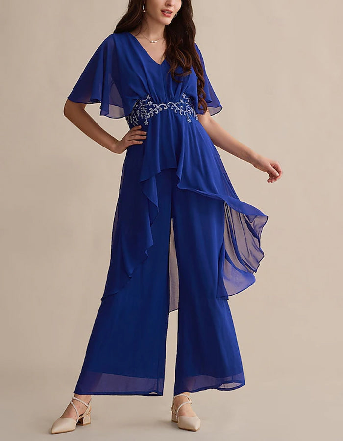 Blue Chiffon Sequined Bell Sleeve V-neck Bridal Mother Jumpsuit