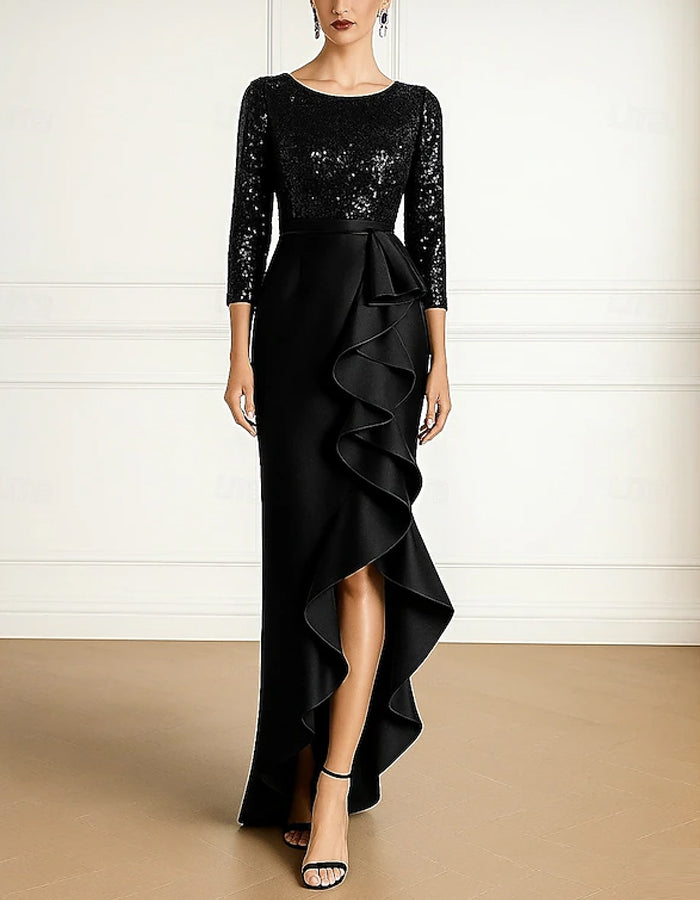 Solid Color Round Neck Satin Sequins Maxi Dress