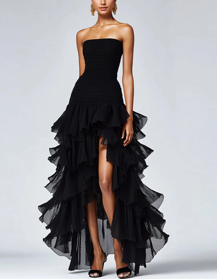 Solid A-line Off The Shoulder Layered Slit Gown Maxi Dress