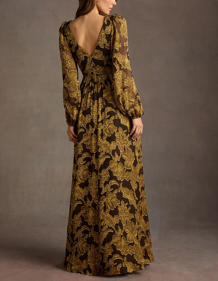 Brown V-neck Floral Long Sleeves Maxi Dress
