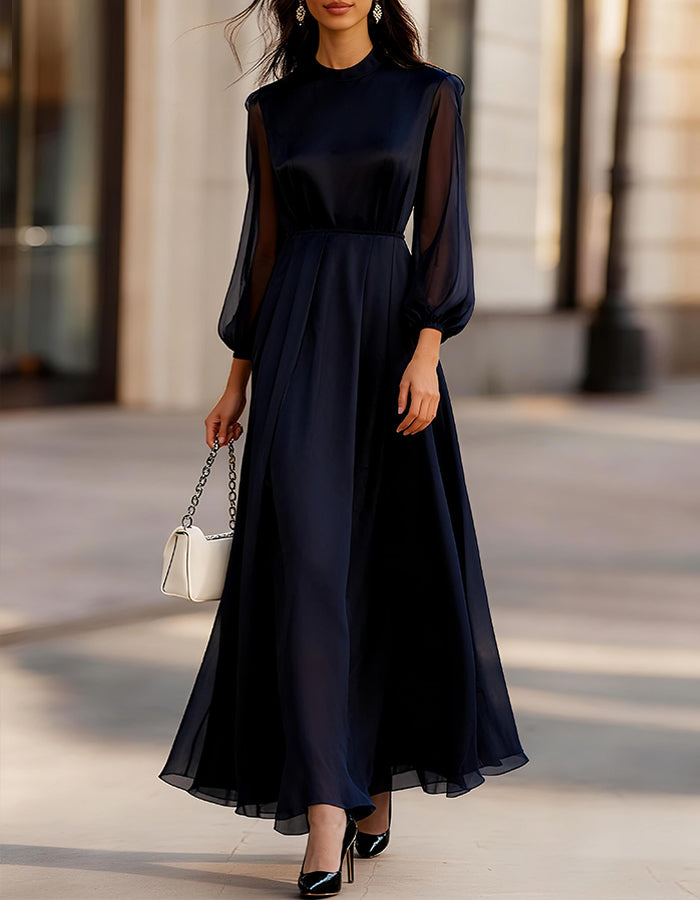 Navy Blue Chiffon Long Sleeves Maxi Dress