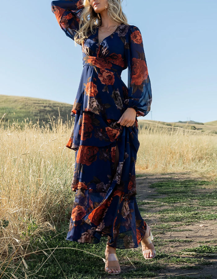 Dark Blue Chiffon Printed Long Sleeves Layered Maxi Dress