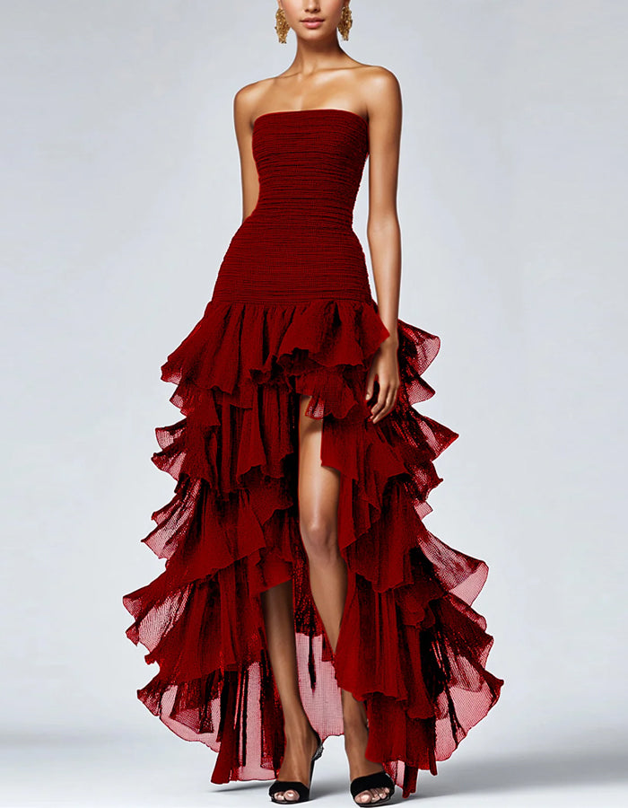 Solid A-line Off The Shoulder Layered Slit Gown Maxi Dress