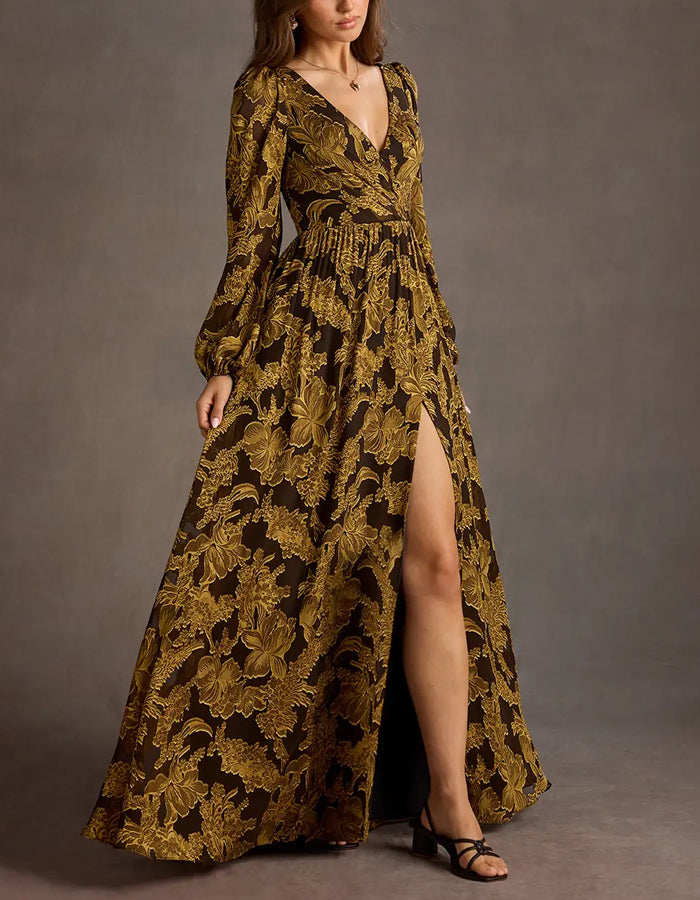 Brown V-neck Floral Long Sleeves Maxi Dress