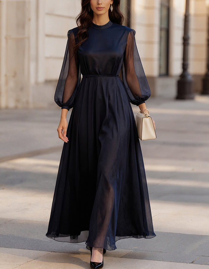 Navy Blue Chiffon Long Sleeves Maxi Dress
