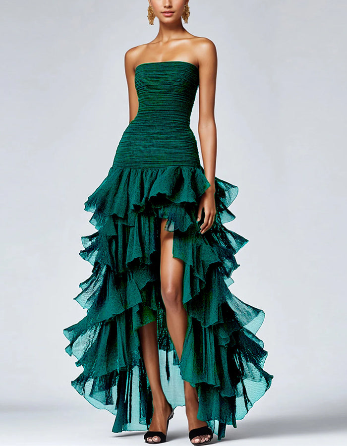 Solid A-line Off The Shoulder Layered Slit Gown Maxi Dress