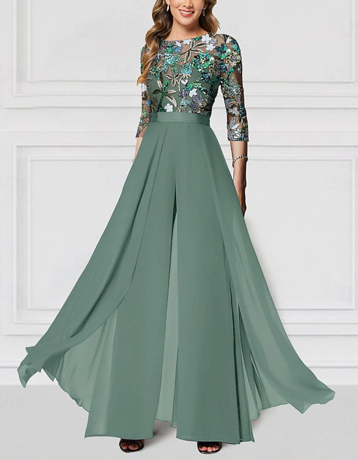 Floral Embroidered New Chiffon Half-Sleeve Sequined Jumpsuit