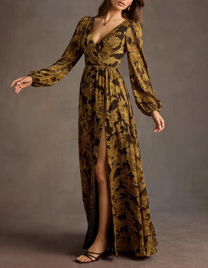 Brown V-neck Floral Long Sleeves Maxi Dress