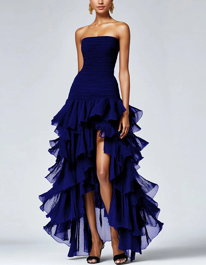 Solid A-line Off The Shoulder Layered Slit Gown Maxi Dress