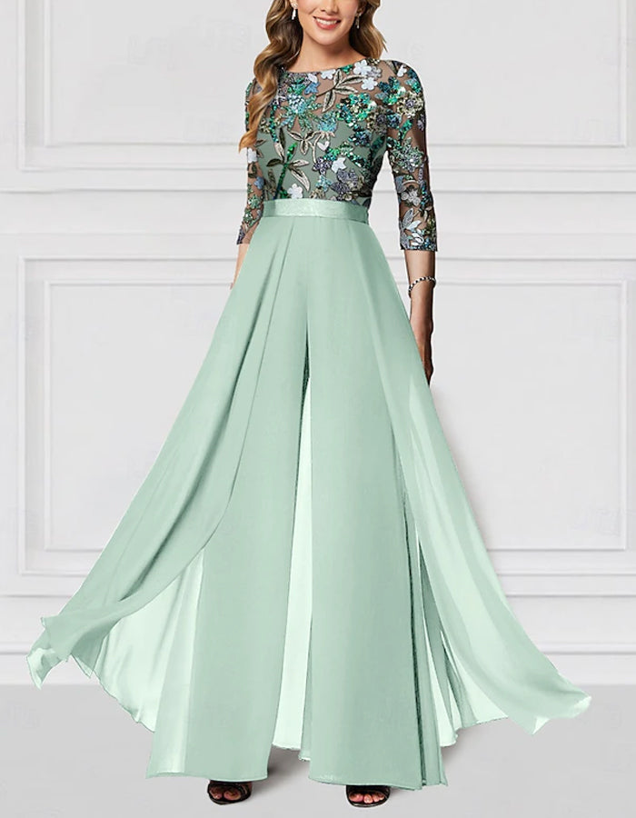 Floral Embroidered New Chiffon Half-Sleeve Sequined Jumpsuit