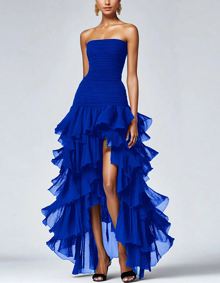 Solid A-line Off The Shoulder Layered Slit Gown Maxi Dress