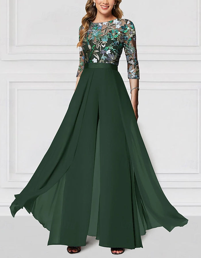 Floral Embroidered New Chiffon Half-Sleeve Sequined Jumpsuit