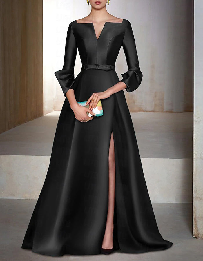 Solid Color Long Sleeved V-neck Satin Maxi Dress