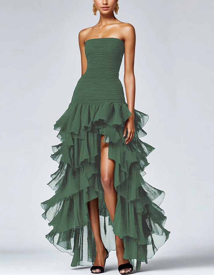 Solid A-line Off The Shoulder Layered Slit Gown Maxi Dress